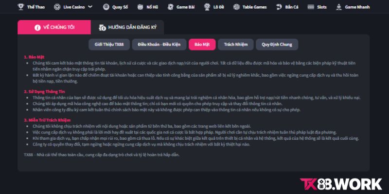 Chính sách bảo mật TX88 quy định những gì?