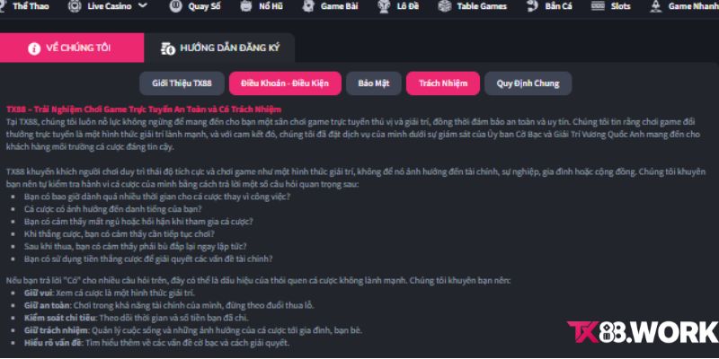 Chính sách chơi có trách nhiệm TX88 quy định những gì?