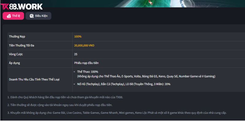 Thể lệ khuyến mãi tân thủ hoàn 100%