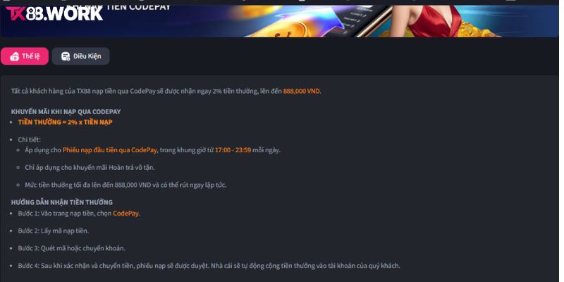 Thể lệ khuyến mãi TX88 thưởng 888k nạp tiền CodePay